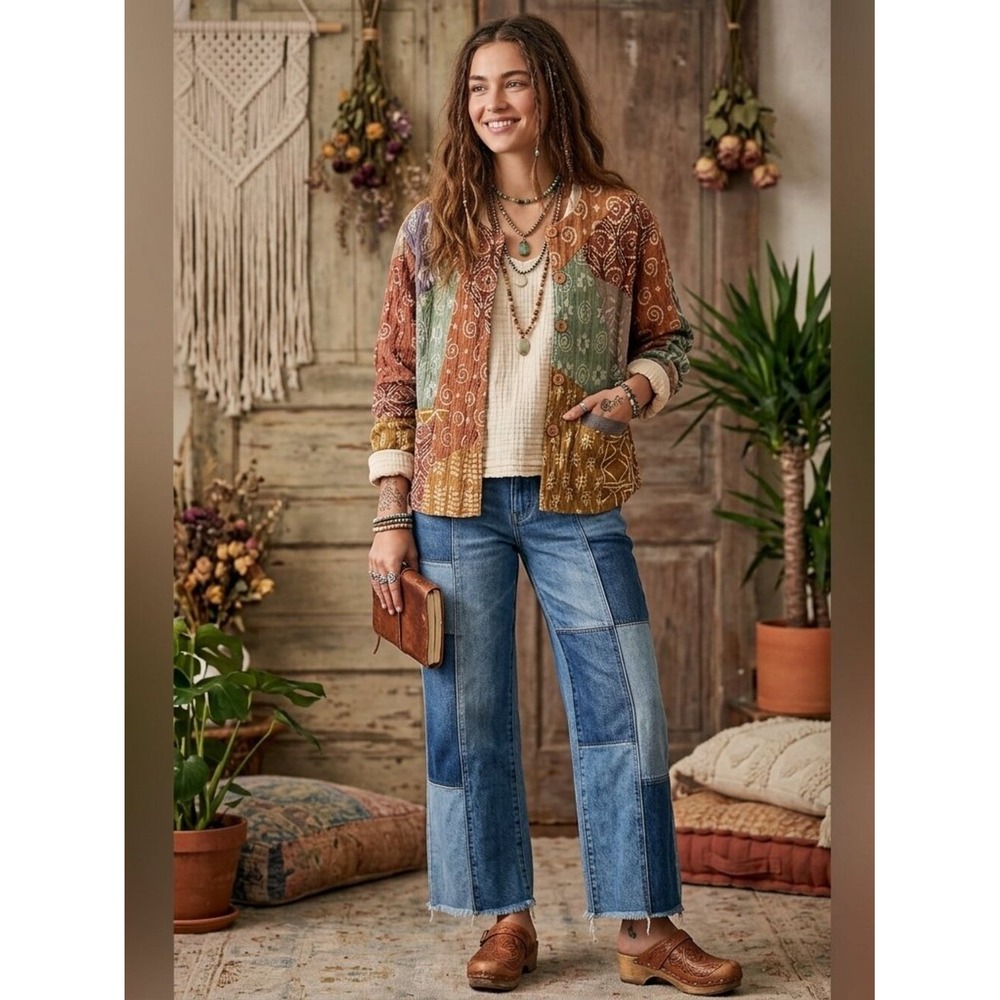 Sacred Threads Quilted Patchwork Jacket Earthy Block Print Boho Cotton Medium